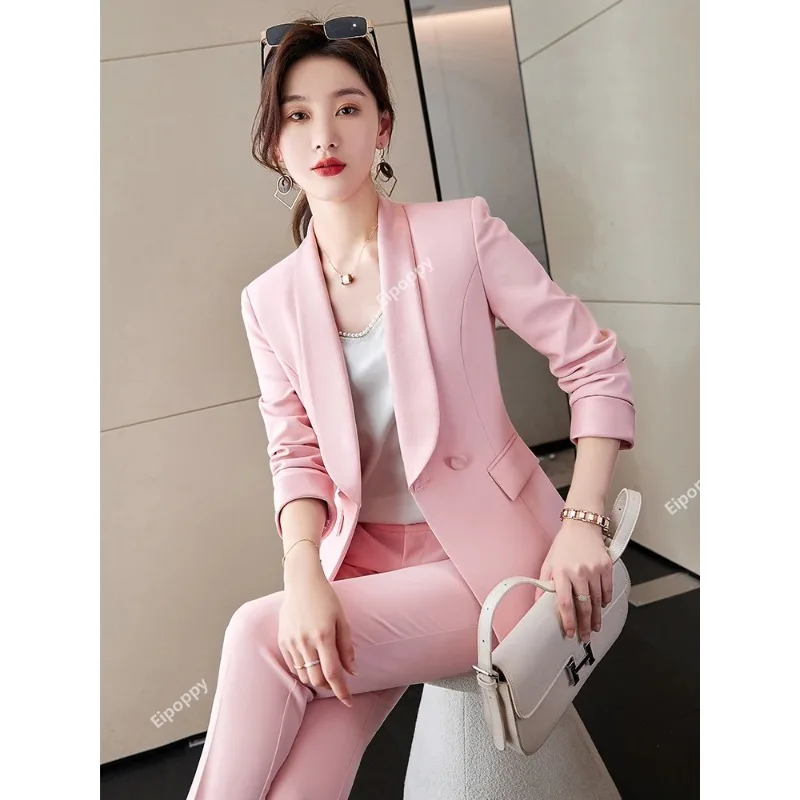 

2024New Fashion Women Pink White Black Formal Pant Suit Jacket and Trouser 2 Piece Set Blazer for Office Ladies Winter Work Wear