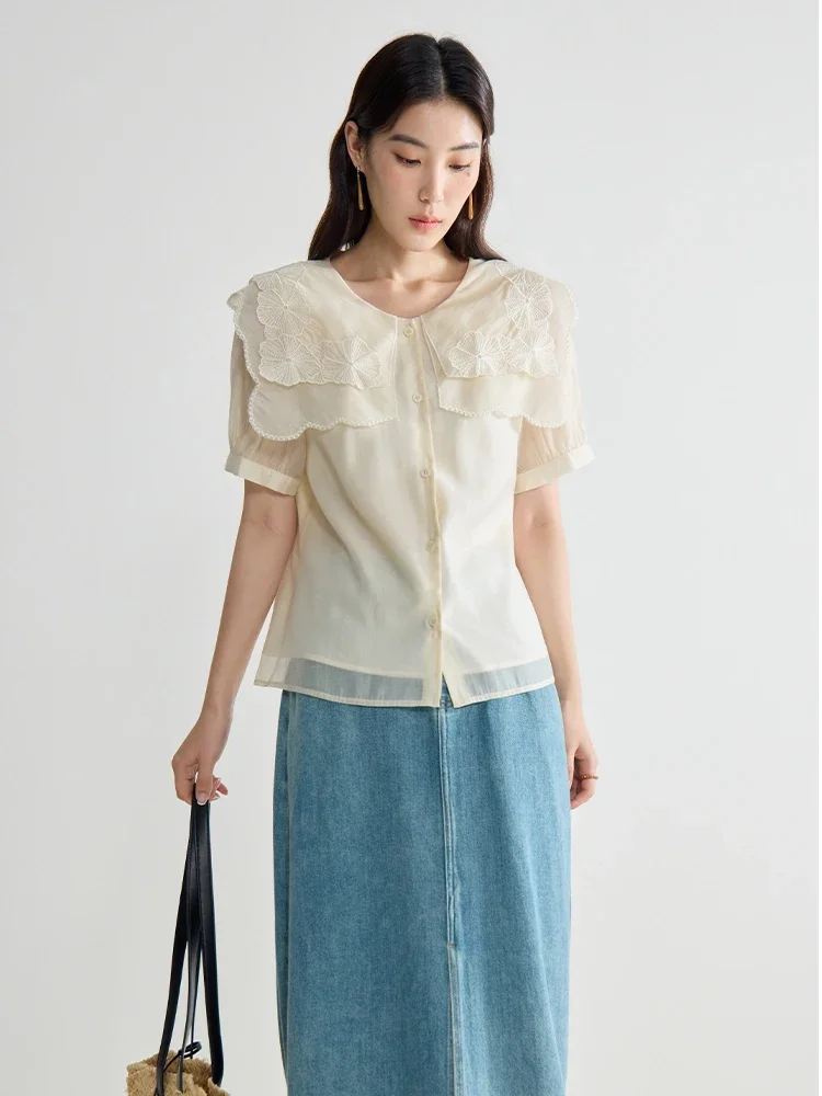 DUSHU French Style Petal Collar Commuter Short-Sleeved Women Shirt 2024 Summer New Sweet Versatile Casual Female Top 24DS82522