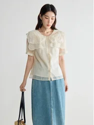 DUSHU French Style Petal Collar Commuter Short-Sleeved Women Shirt 2024 Summer New Sweet Versatile Casual Female Top 24DS82522