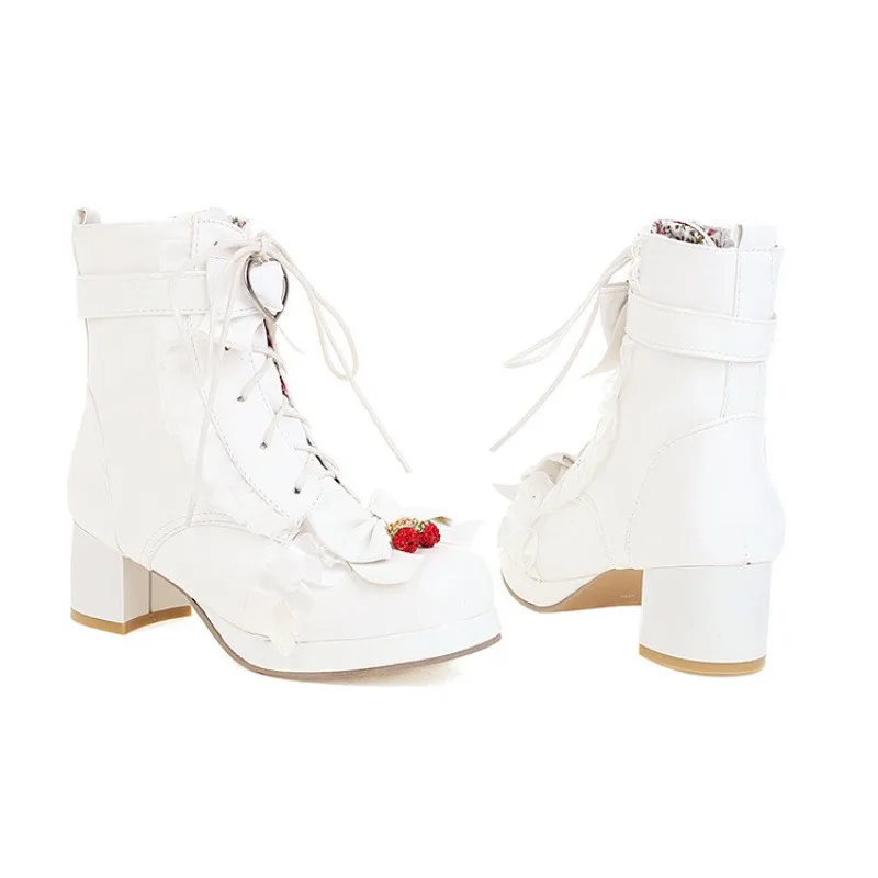 Lolita Ankle Strawberry Platform Mid Block Heel  with Bows Plus Size Women's Shoes34-48