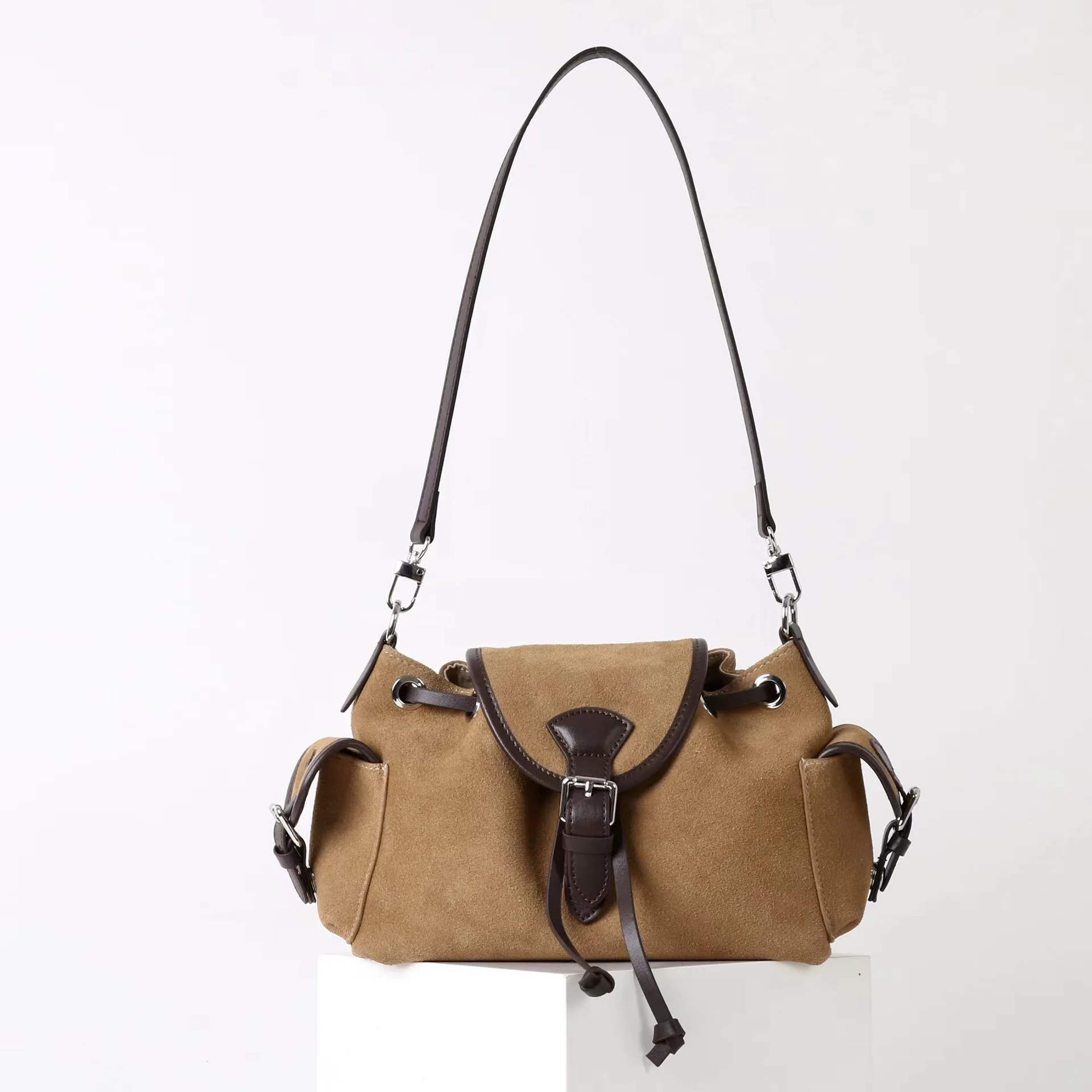 

Suede autumn women's bag 2025 new Y2K matte cowhide multi-pocket splicing vintage fashionable casual one-shoulder crossbody bag