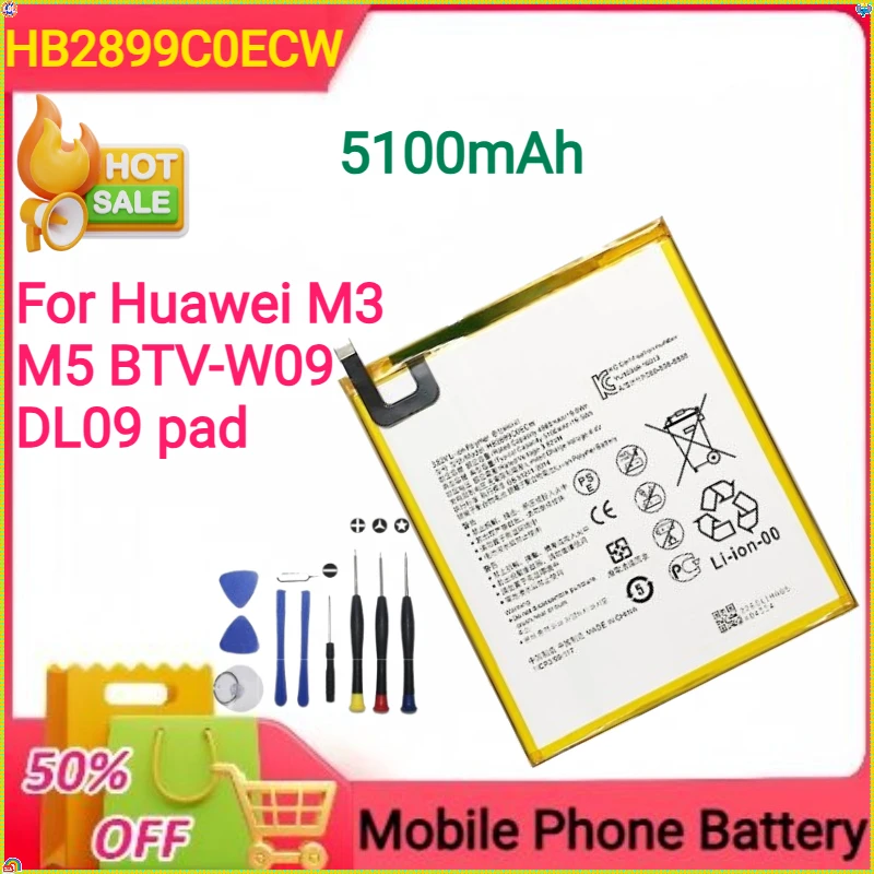 

New 5100mAh HB2899C0ECW for Huawei M3 M5 BTV-W09 DL09 Pad Mobile Phone Battery+tools