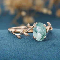 Natural 8*6mm Moss Agate Gemstone 925 Sterling Silver Rings For Women Gold Plated Engagement Wedding Jewelry Gift for Her