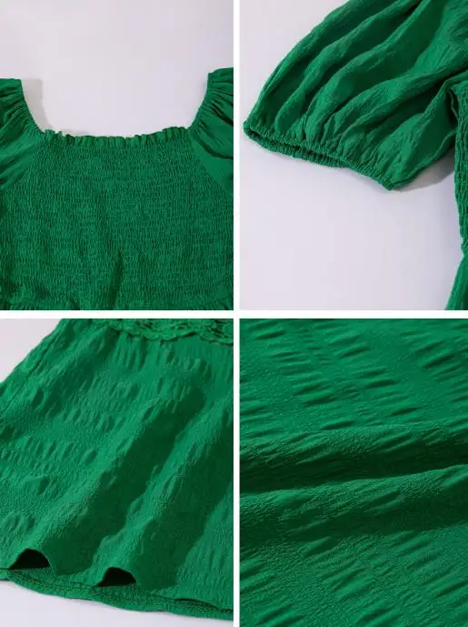 Vestido midi con mangas abullonadas y cuello cuadrado para mujer, corpiño fruncido con encaje, detalle de ribete, diseño de manga abullonada, vestido elegante e informal
