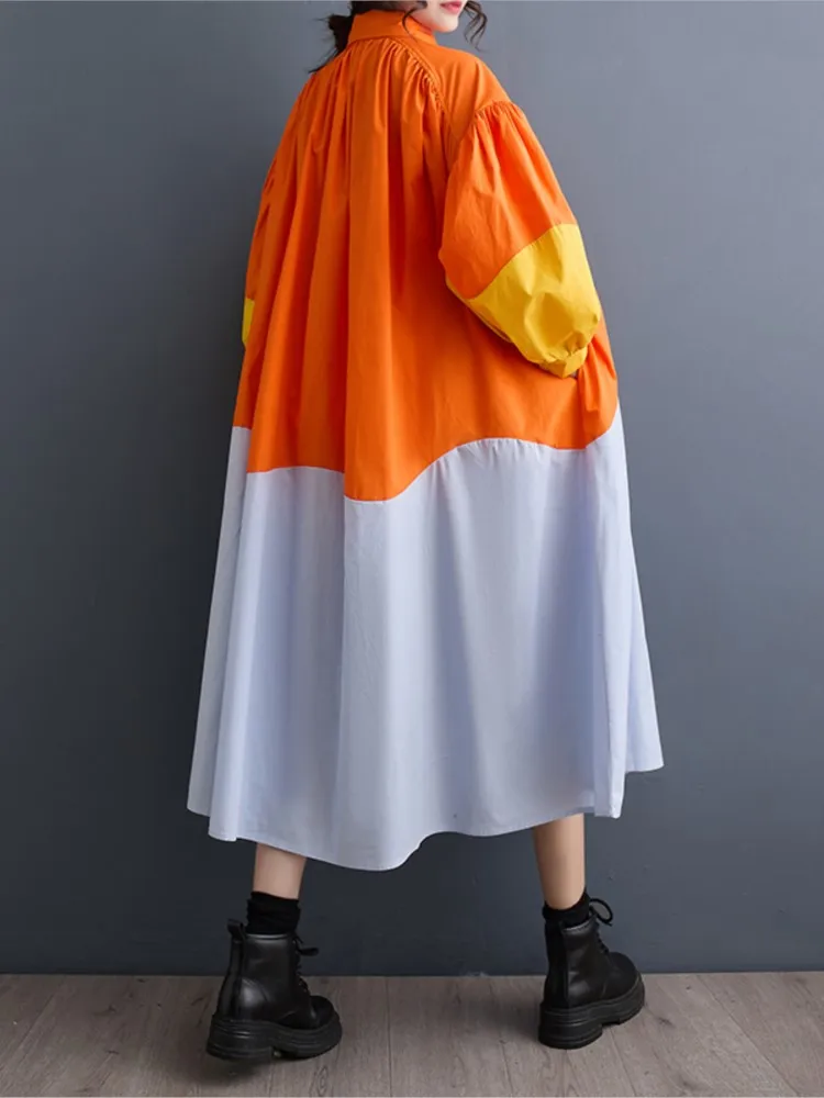 Oversized Spring Long Shirts Dress Women Lantern Long Sleeve Patchwork Fashion Casual Ladies Dresses Ruffle Pleated Woman Dress