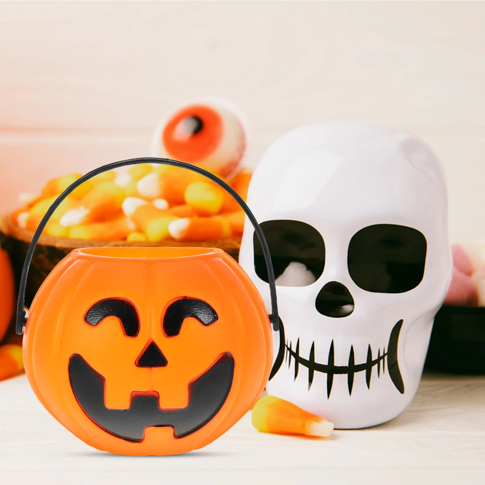 

Halloween Pumpkin Bucket 7Cm Portable Candy Holder Party Gift Eco-Friendly Black Handle Funny Face Design