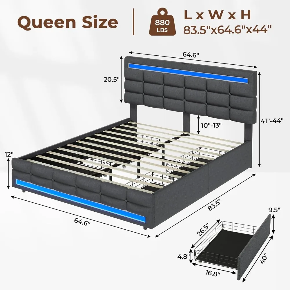 Esteira de cabeceira LED para cama queen size, 4 gavetas e 2 estações de carregamento USB, plataforma estofada