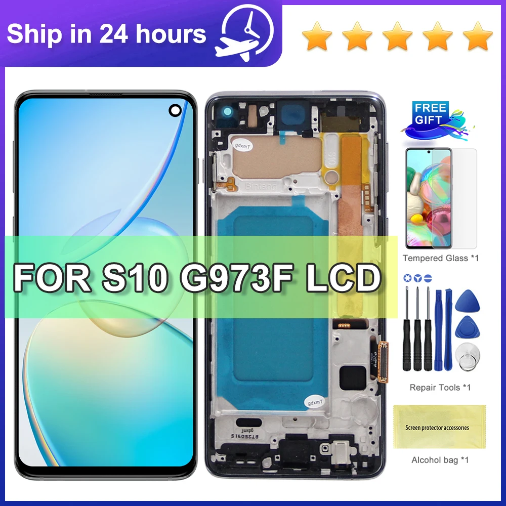 Für Samsung S10 LCD Display Touchscreen Digitizer Montage 6,1 "Gestet Ersatz für G973 G973F mit Rahmen