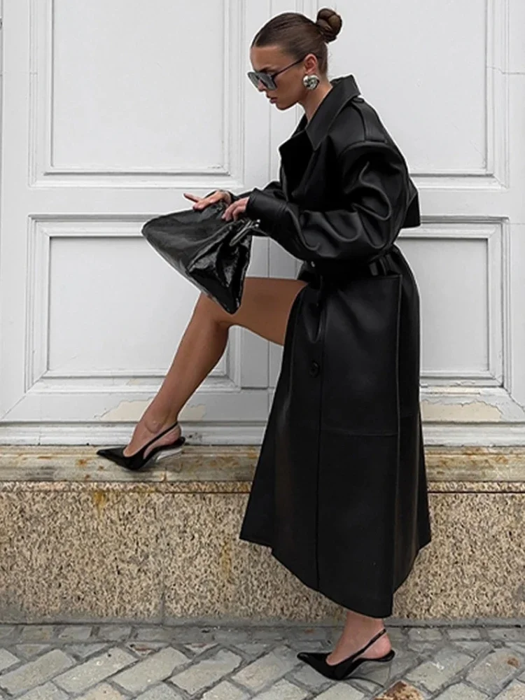 Retro couro do plutônio cinto longo jaqueta feminina clássico almofada ombro lapela único breasted jaquetas casaco senhora 2025 chique rua outwear