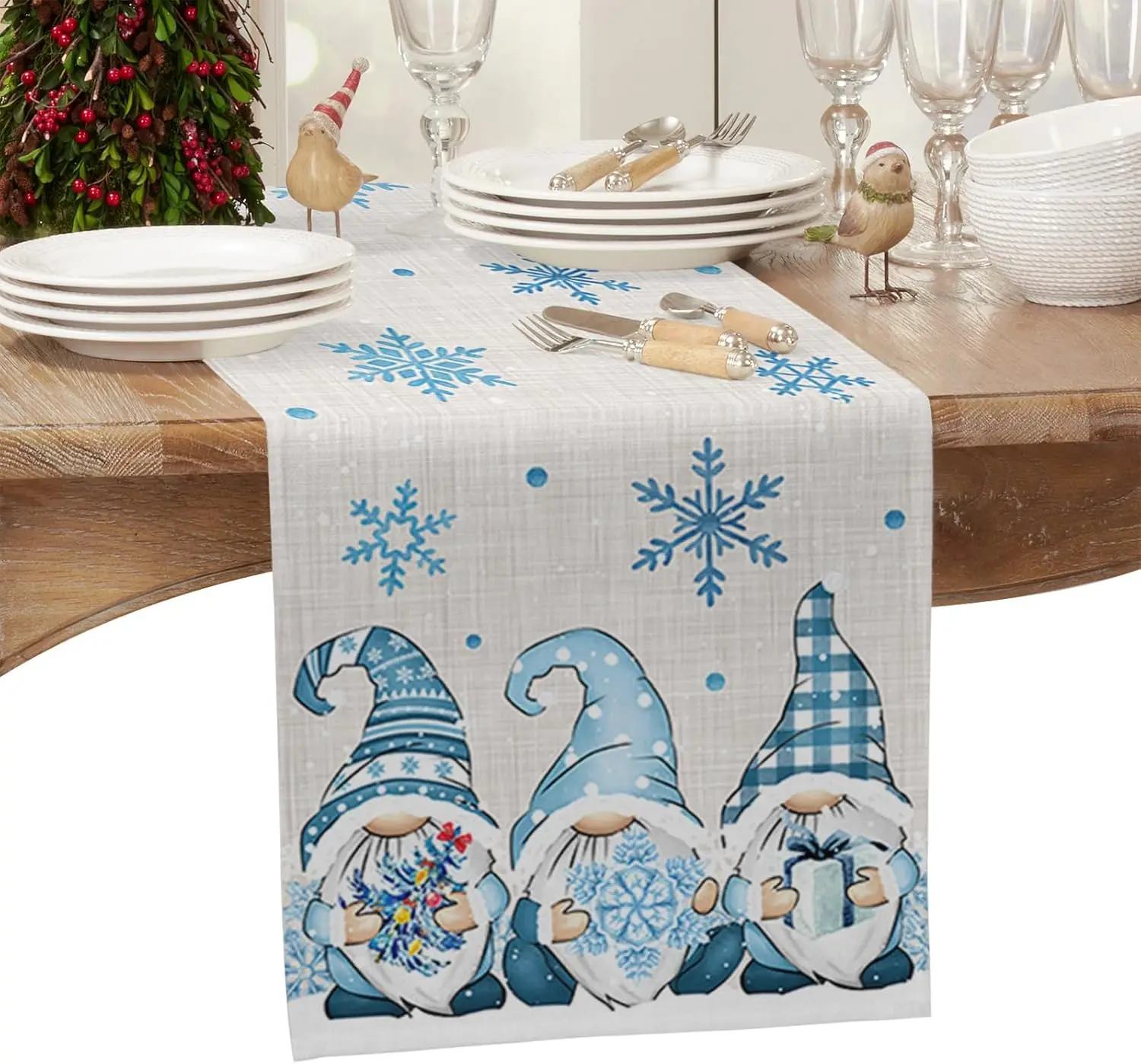 Christmas Blue Gnomes Snowflake Linen Table Runners Dresser Scarf Winter Xmas Party Kitchen Table Decor Navidad Decorations 2025