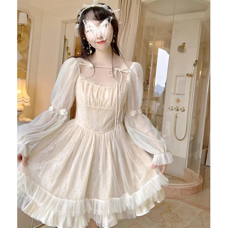 Long Sleeve Kawaii Lolita Dress Women Casual Vintage Mini Dress Female Japanese Fairy Aesthetic Style One Piece Dress