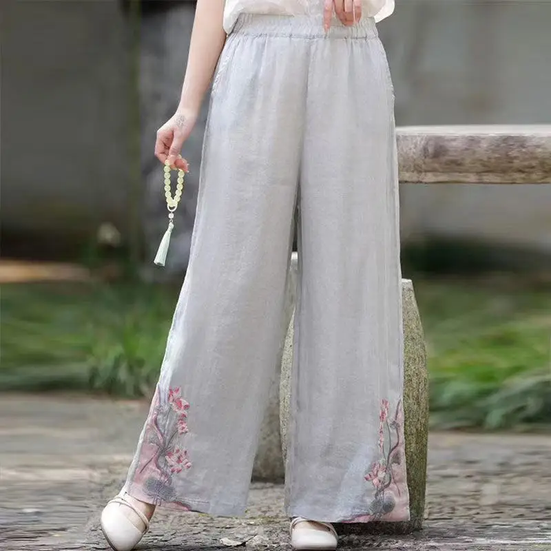 Pantalon rétro brodé en coton et lin pour femmes, jambes larges, léger, respirant, décontracté, été