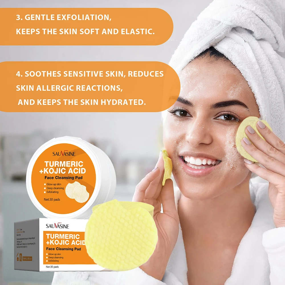 30pcs Turmeric Kojic Acid Cleansing Pads Face Cleanser Pad Gentle Dirt Removal Facial Deep Cleaning Skin Lightening Soap