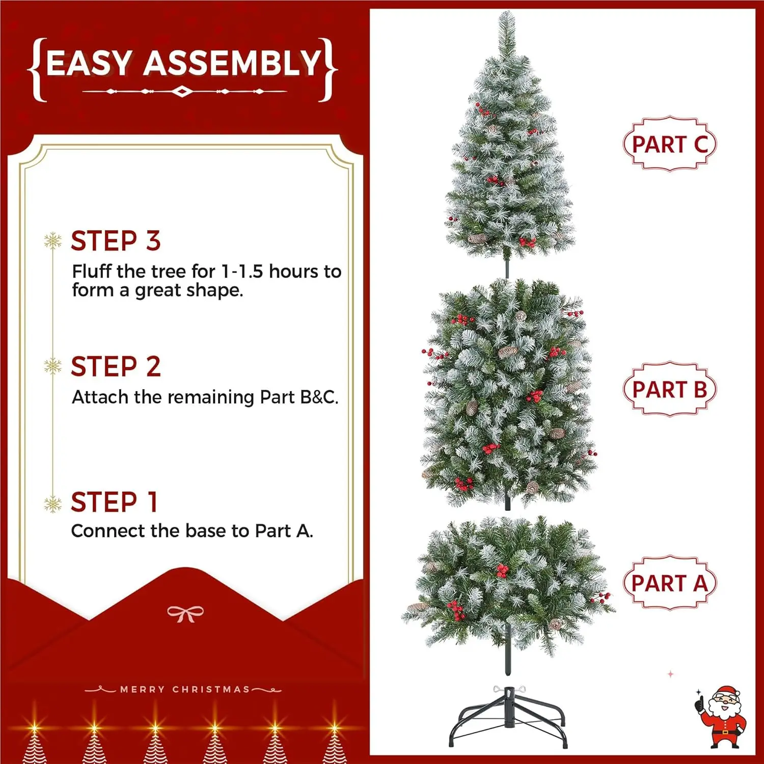 6ft Pre-lit Frosted Pencil Christmas Tree, Skinny Frosted Holiday Tree w/ 618 Tips, 200 Lights, Pine Cones, Metal Hinges & Base