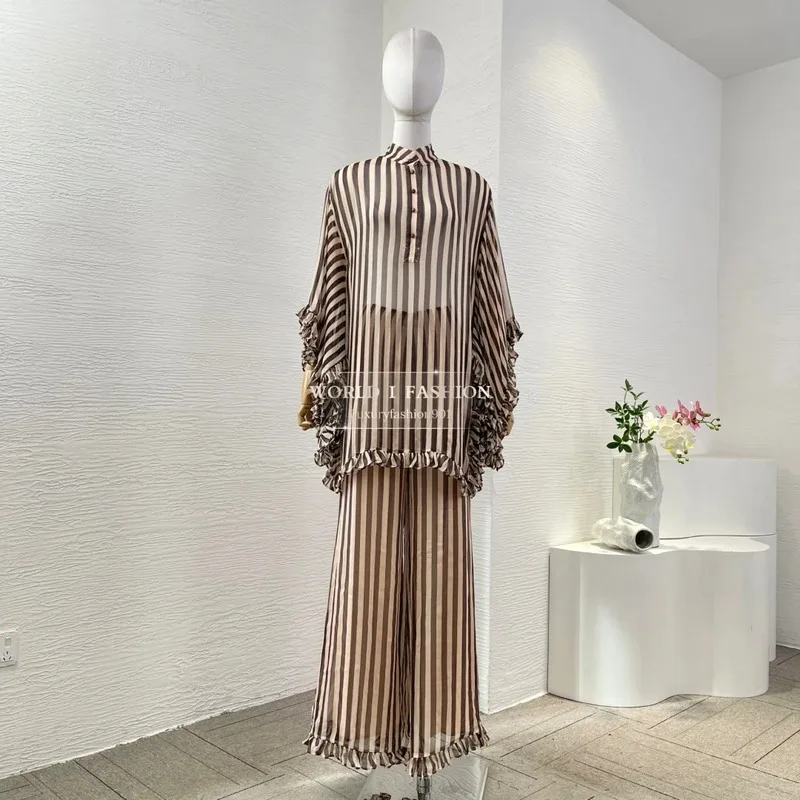 

Pleats Design 2025 Brown Stripes Print Ruffles Frilled Long Sleeve Blouse Tops and Pants High Quality Set