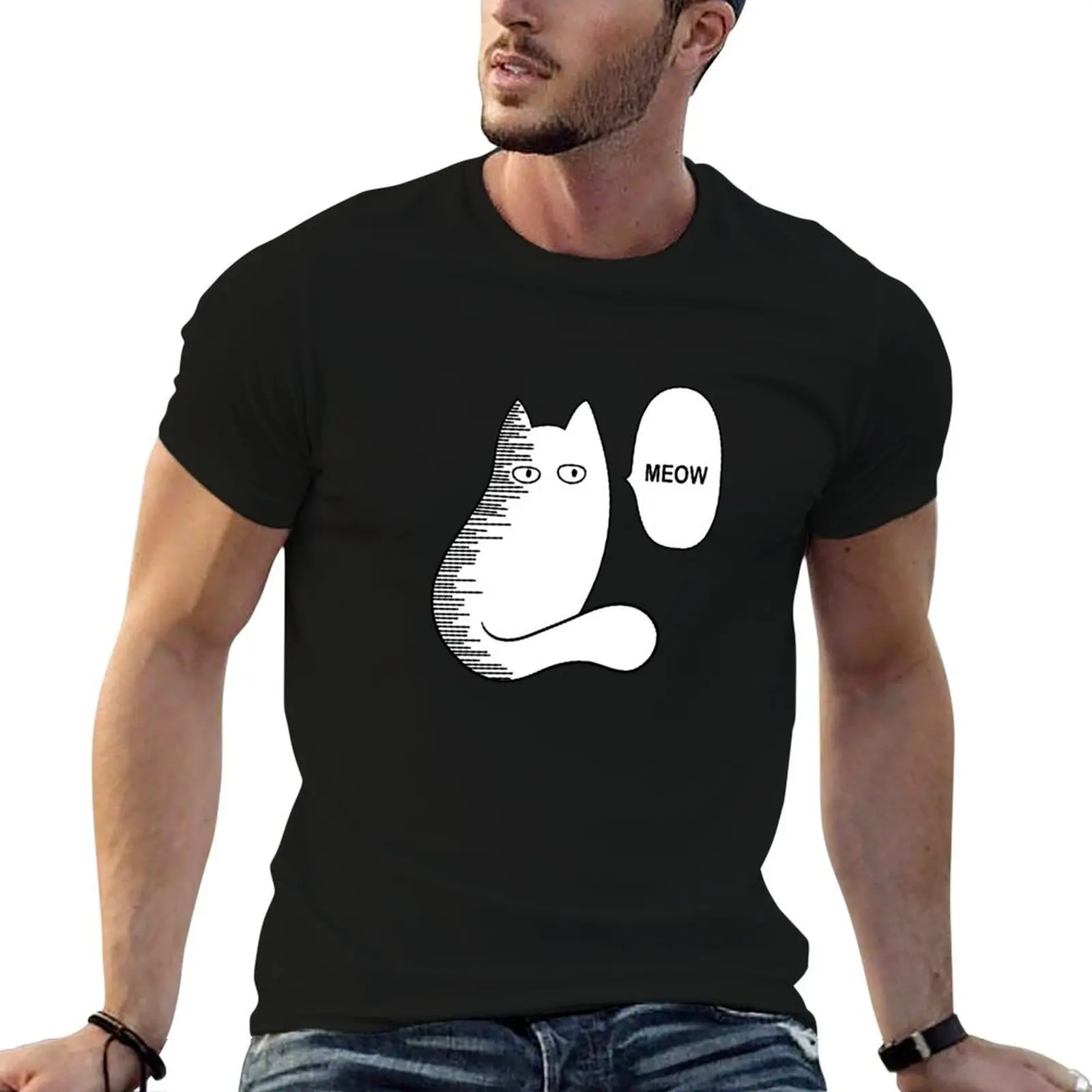 Cat meow funny Saitama meme T-Shirt sports fans graphic tee shirt Men's cotton t-shirt