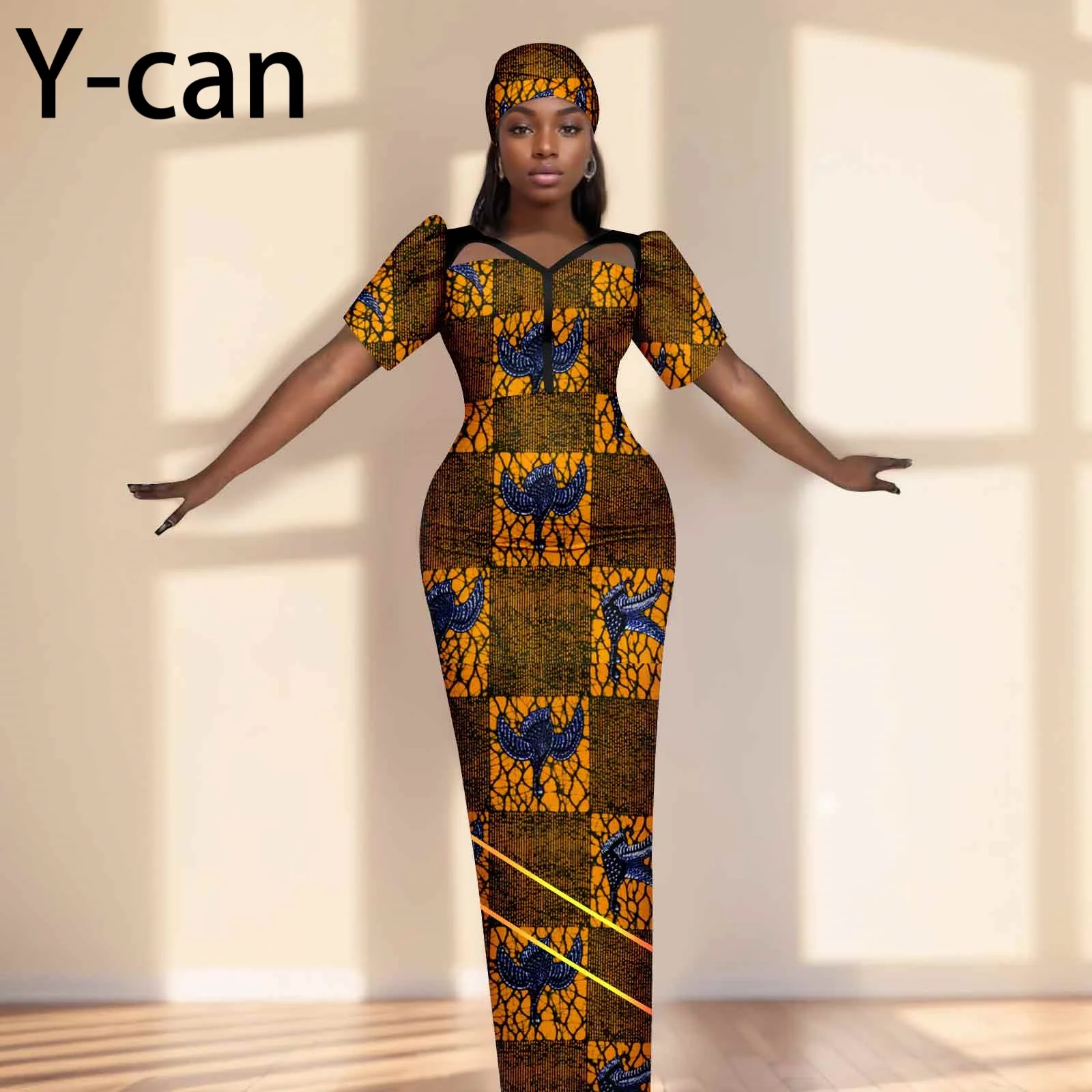 Party Gown African Dresses for Women Slim Fit Short Sleeve Dress Evening Vestidos with Headwrap Dashiki Ankara Print 2525071