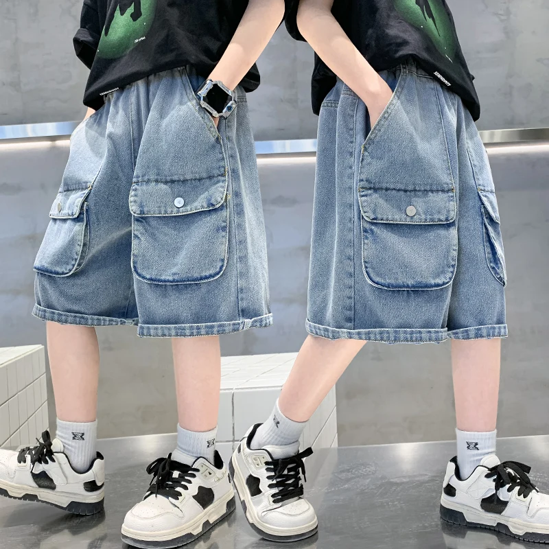 High Quality Kids Summer Denim Shorts With Pocket for Boys Korean Style Fashion Children's Knee-Length Loose Cargo Short Jeans