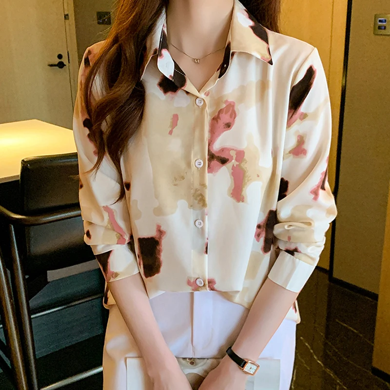 

Korean Fashion Women Print Casual Loose Blouse Female 2025 New Summer Long Sleeve Lapel Office OL Shirt Vintage Clothes