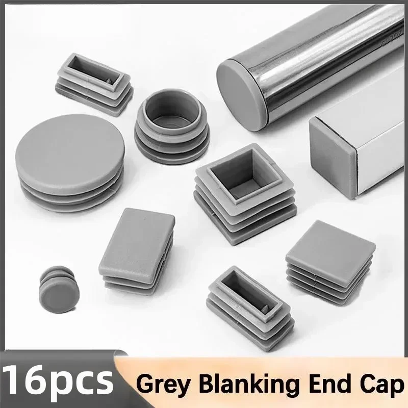 16Pcs Grey Plastic Blanking End Caps Square Steel Tube Pipe Inserts Plug Anti Skid Furniture Leg Caps Floor Protection Anti-slip