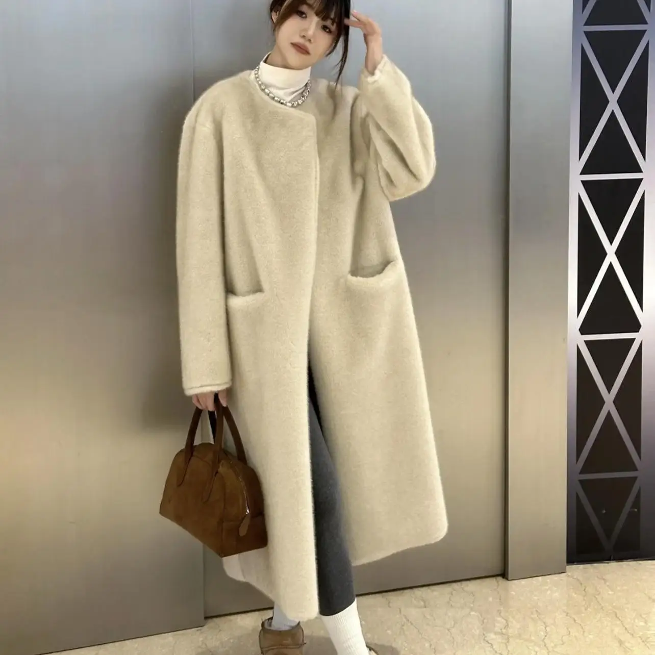 Jaket Mantel Panjang Bulu Imitasi Wanita, Mantel Leher Bulat Maxi, Jaket Streetwear Y2k Tebal Hangat, Jaket Kerja Kasual Elegan Longgar Musim Gugur Musim Dingin