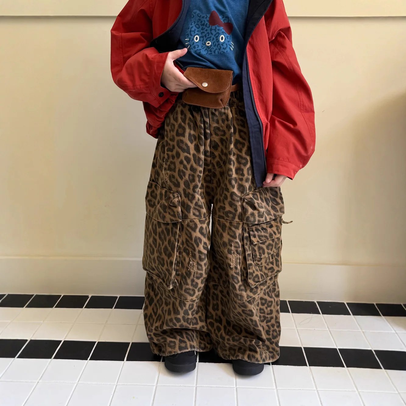 

Autumn Girls' Korean Style Leopard Print Cargo Pants Toddler Straight Leg Wide Leg Pants with Big Pockets Baby Casual Loose Fit