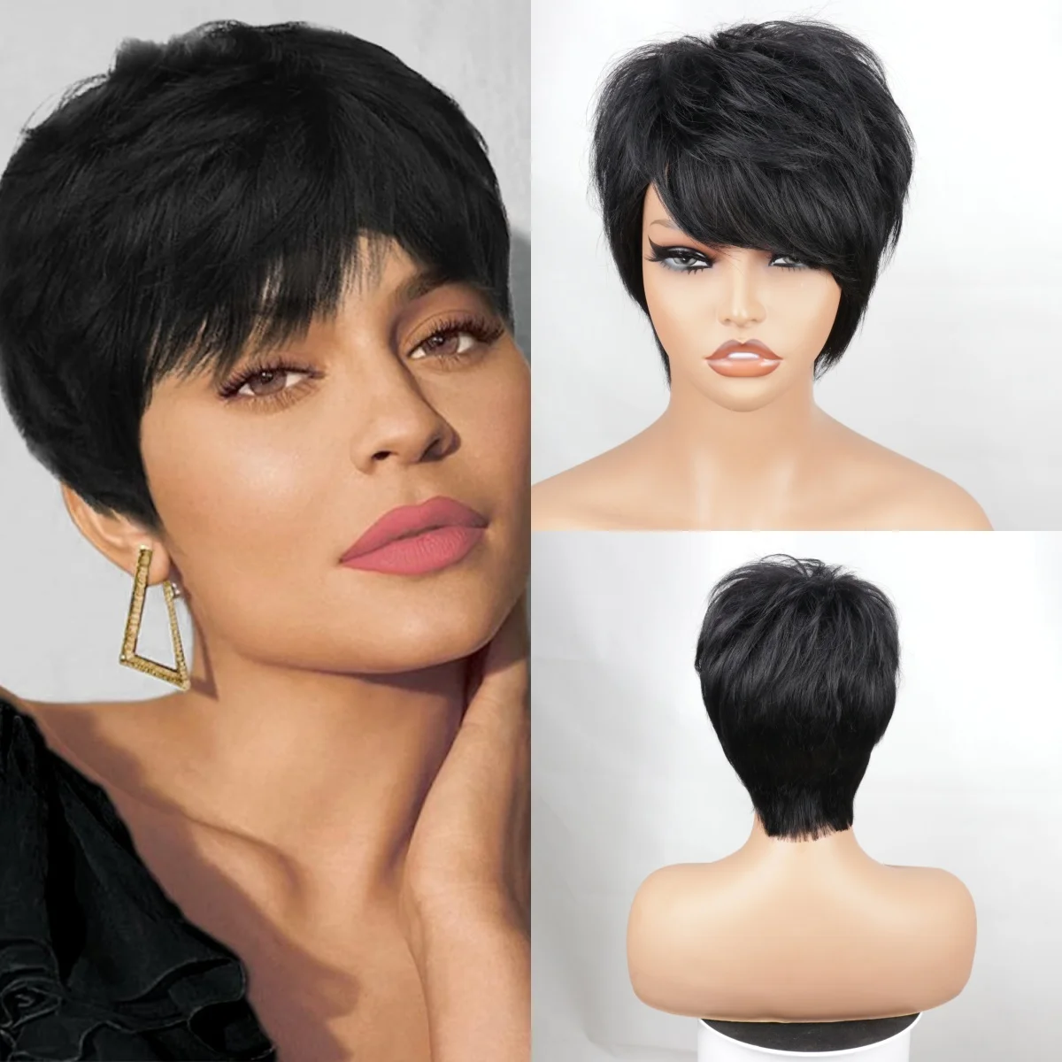 

Short Pixie Cut Wigs Full Machine Made Wig With Bangs Wavy Ready To Wear Wigs Straight Hair 100% Remy Human Hair Wigs For Women