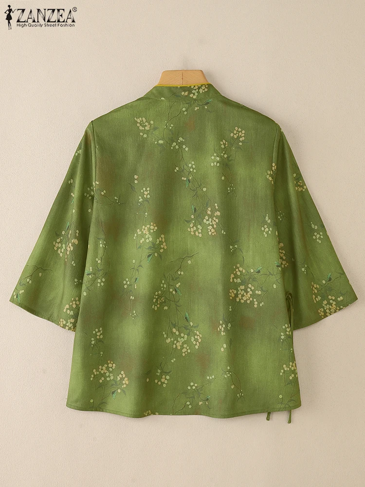 2025ZANZEA Vintage Shirts Herfst Zomer Blouse Vrouwen Half Mouw Bloemen Tops Elegante Stand Hals Werk Shirt Knoppen Blusas Femme