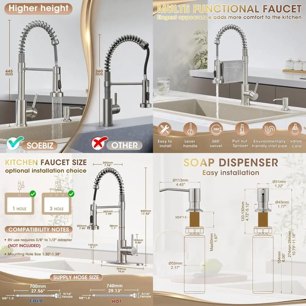 

Single Handle Brushed Nickel Commercial Kitchen Faucet with Sprayer, Soap Dispenser, and Dual Function for Farmhouse, Camper, La