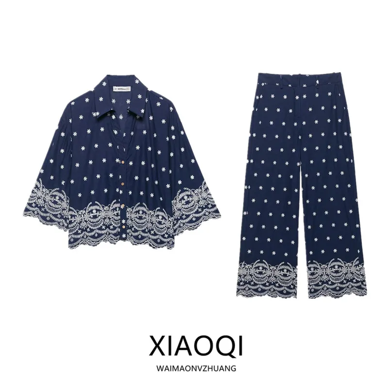 

Faionable Casual Embroidered Print irt Pants Set New Summer 2025 Women's Wear Polyester Long Sve Collar Button up