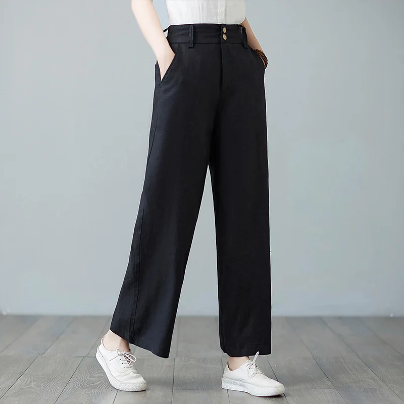 2025 Summer New Literary Loose Solid Color Cotton and Linen Elastic Waist Straight Pants Trousers Women's Casual Pants