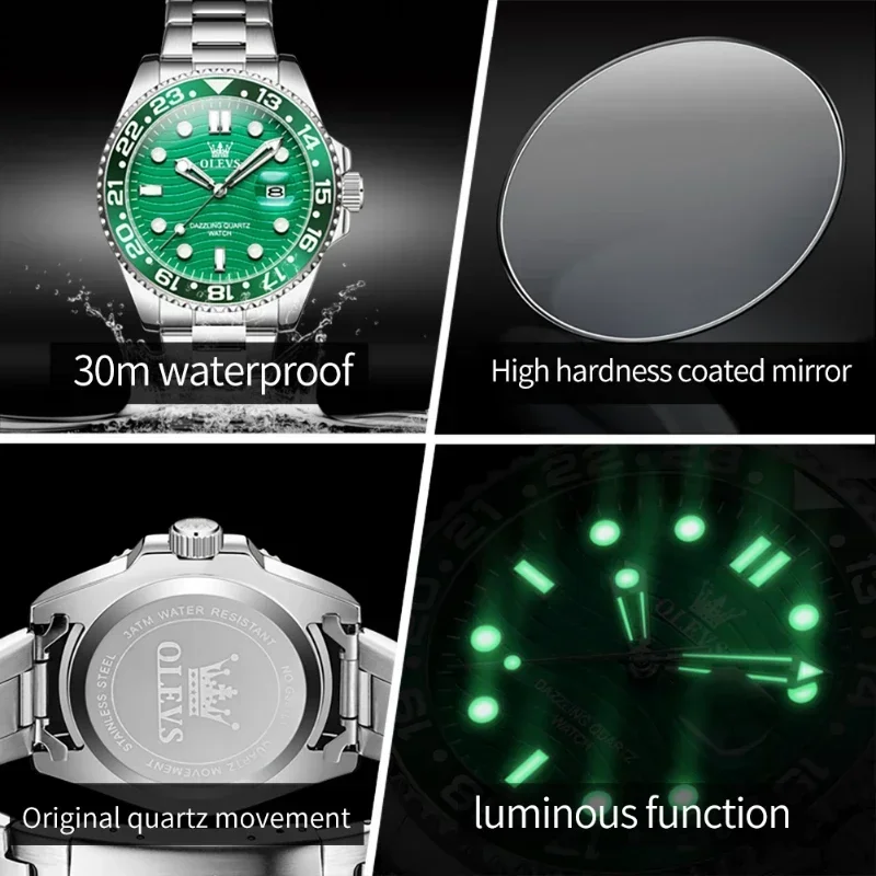 OLEVS 3610 ساعات كوارتز رجالية فاخرة مقاوم للماء للصدمات رياضية مضيئة ساعات المعصم الفولاذ المقاوم للصدأ ساعة للرجال ساعة Relógio