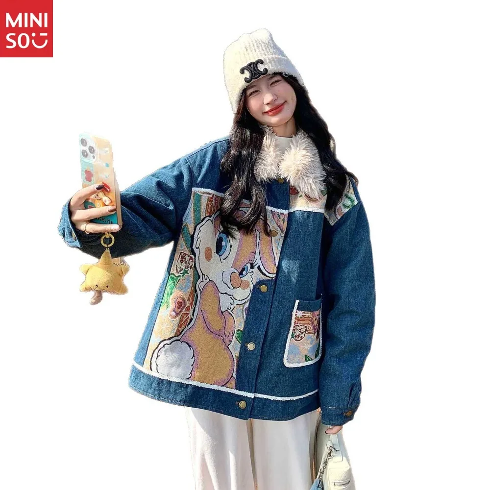 الأزرق الكورية الأرنب الفراء بطانة الدنيم فطيرة يتغلب على المرأة الخريف والشتاء 2025 جديد الكرتون الحد من العمر سميكة سترة الصوف #5