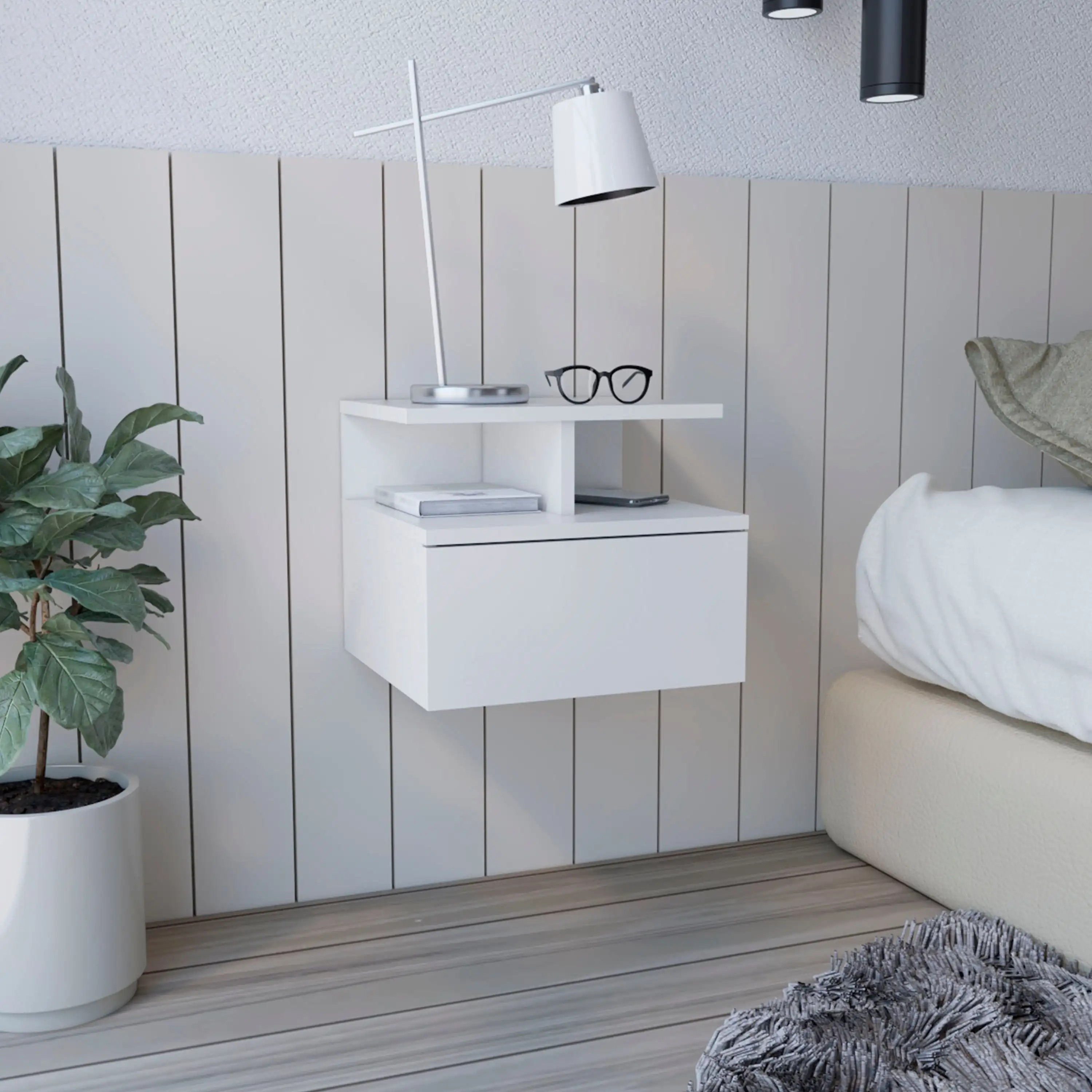 

Adele Floating Nightstand with Drawer and Open Storage Shelves White