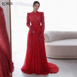 LORIE Red Glitter Lace Formal Evening Dresses For Wedding High Neck A-Line Appliques Prom Dress Muslim Bridal Party Gowns 2024