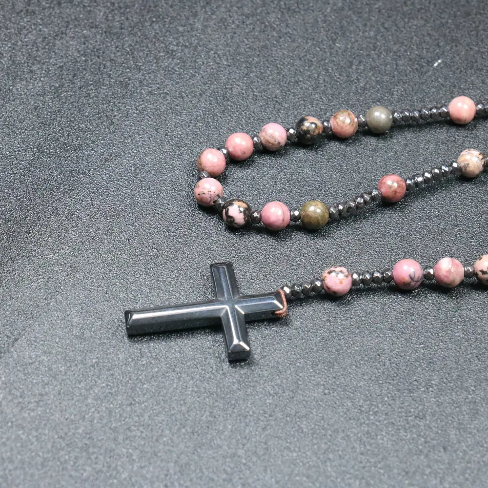 1PC Rose Red Natural Stone Cross Bead Necklace with Iron Gallstone Beads Handmade Beads 8mm Men\'s Ethnic Style Necklace