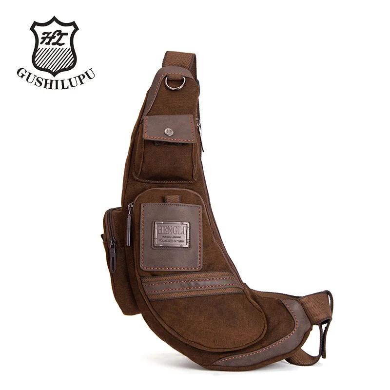 

Canvas and leather patchwork men's retro multi-pocket, wear-resistant and waterproof portable crossbody bag for cycling