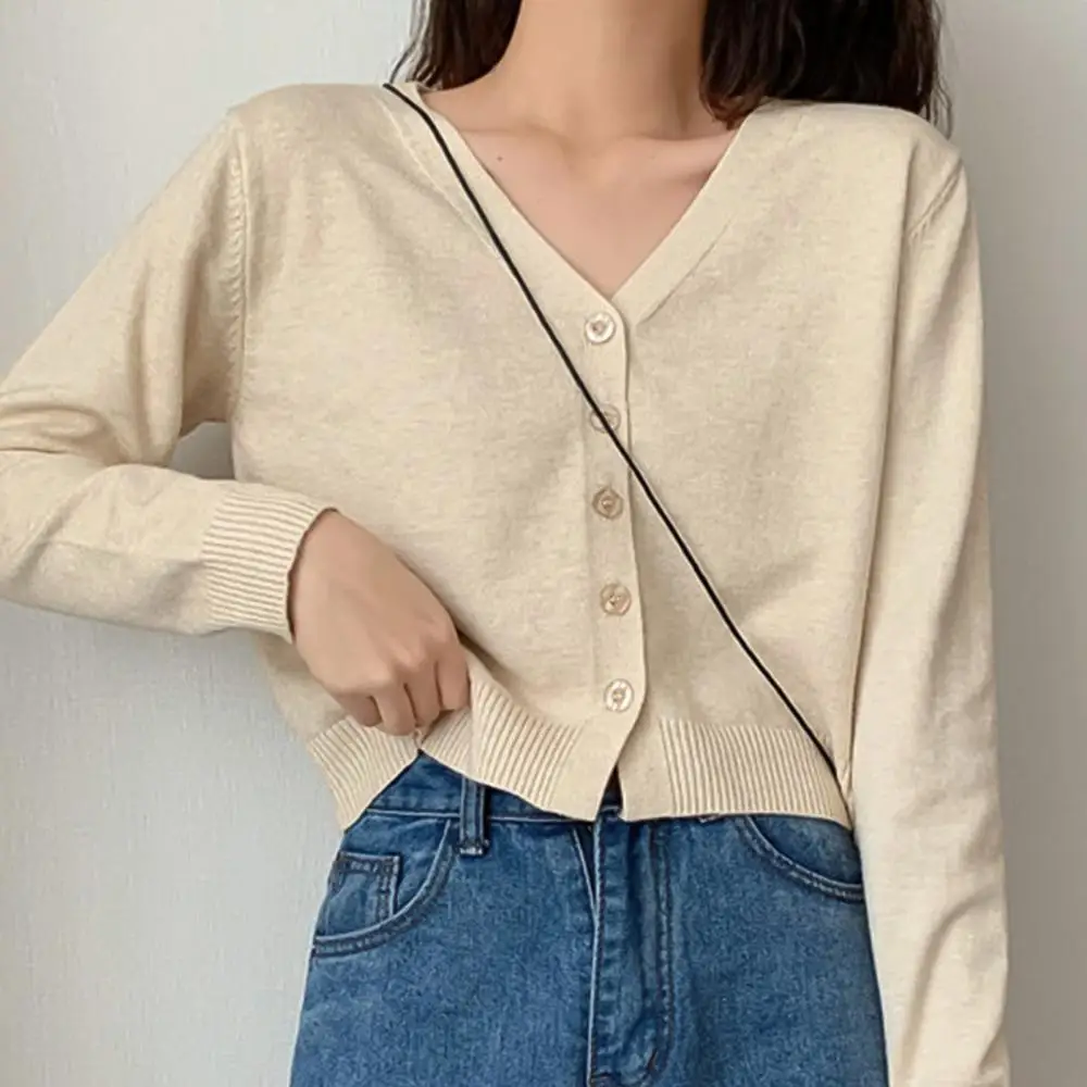 3/4 Sleeve Cropped Short Cardigans Sweater Women Solid Casual Button Down Long Sleeve Coat Autumn Knit Tops Pull Femme