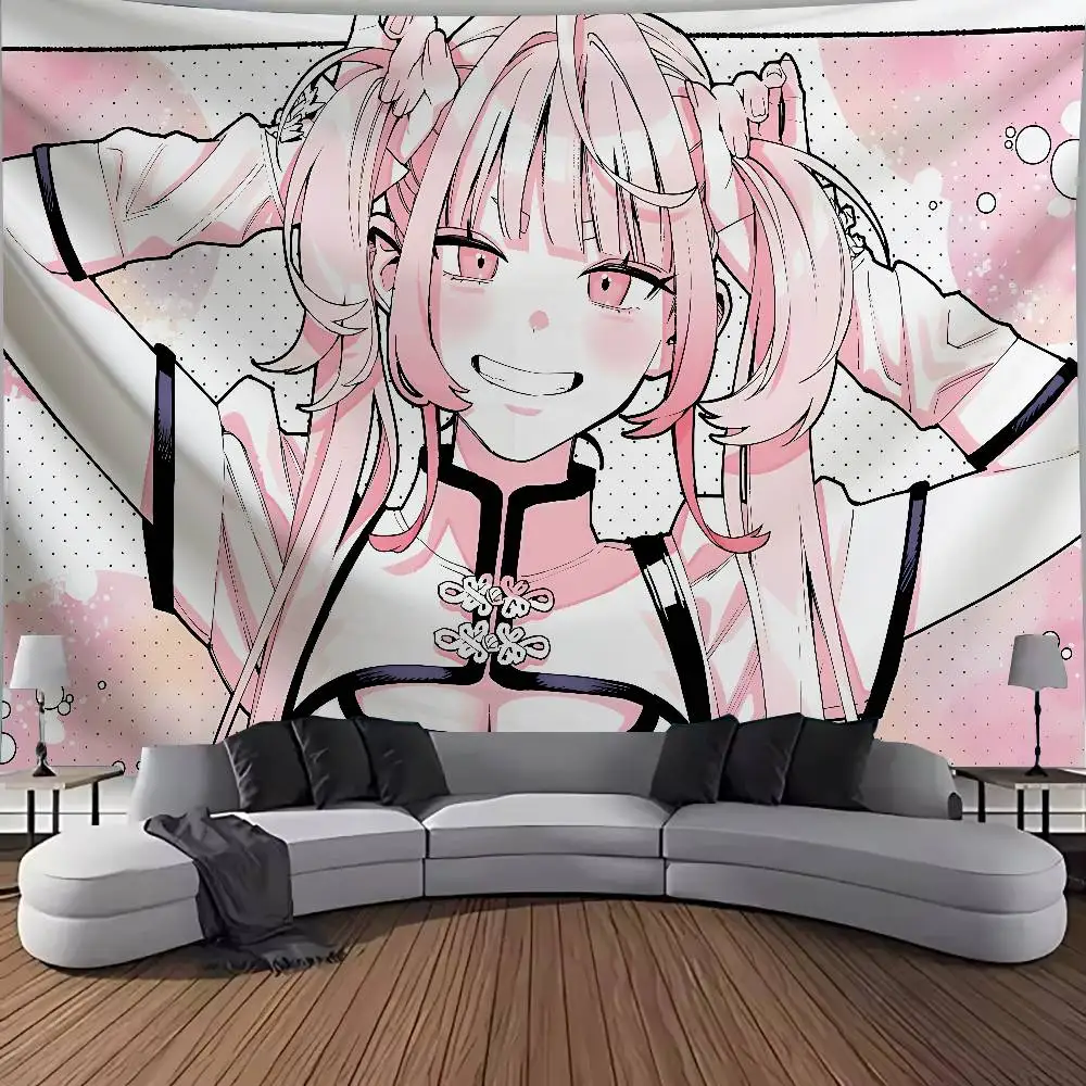 Cute Pink Twin‑Tail Anime Girl Tapestry Manga Line Art Wall Hanging Pastel Aesthetic Bedroom Dorm Background Home Wall Decor