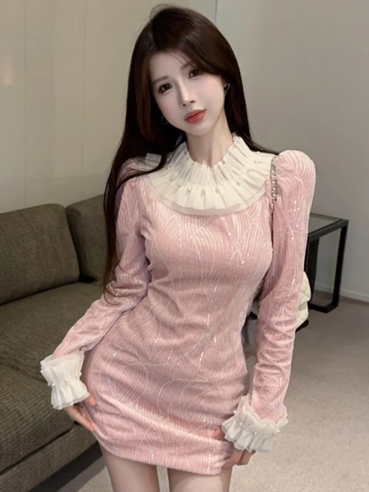 

Elegant High Waist Short Skirt with Pleats And Beads Women's Fashion Spring Autumn Bodycon Dress Retro Style Commute
