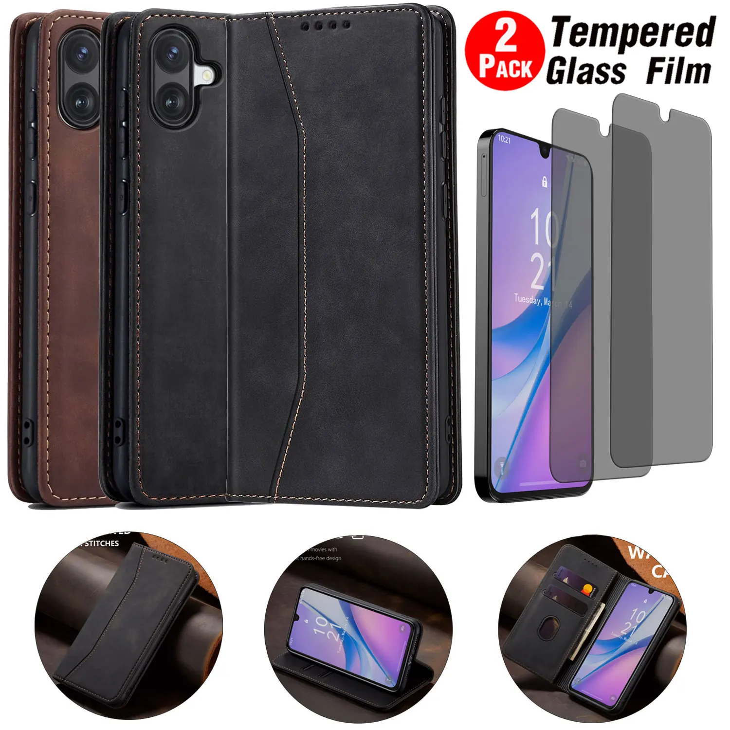 

Для Samsung Galaxy A07 кошелек из искусственной кожи, магнитный чехол с откидной подставкой + 2 шт., защитная пленка из закаленного стекла для конфиденциальности