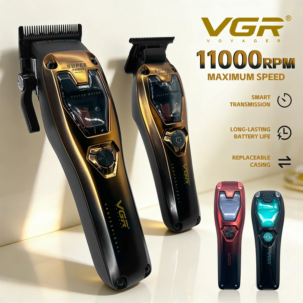 VGR Professional Hair Clippers Rechargeable Hair Trimmer Vector Motor 11000 RPM Haircut DLC Blade Clippers For man V-668 V-668T image 17