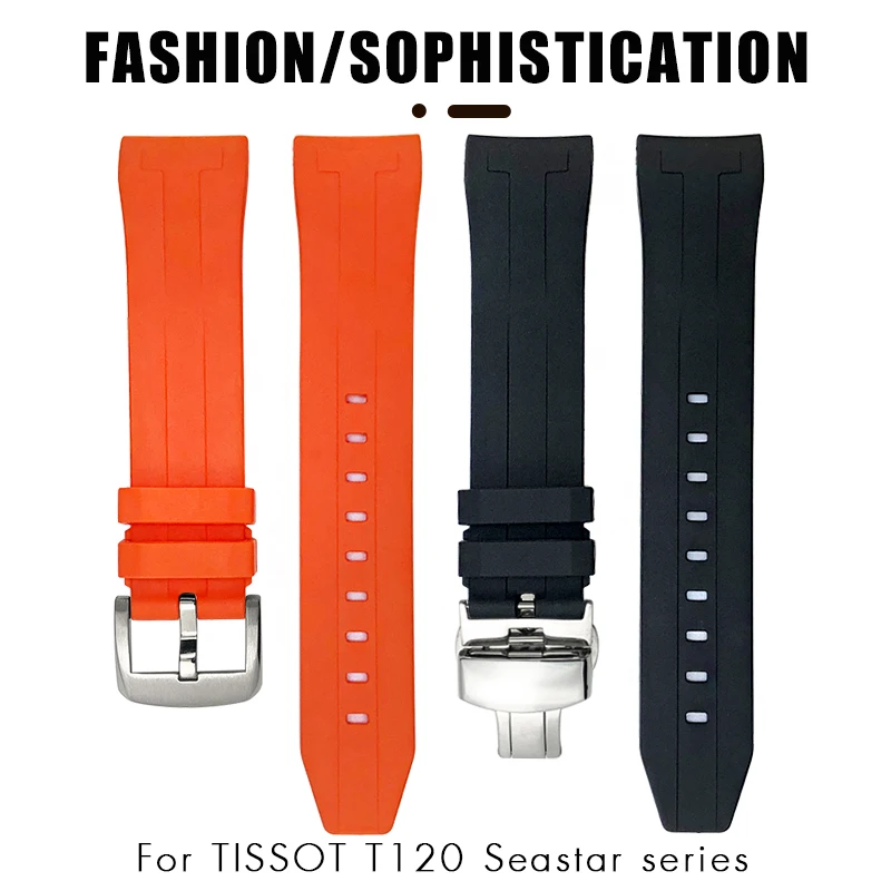 21mm 22mm Curved Rubber Silicone Watchband Fit for Tissot Seastar T120 T120417 T120407 Blcak Waterproof Diving Watch Strap