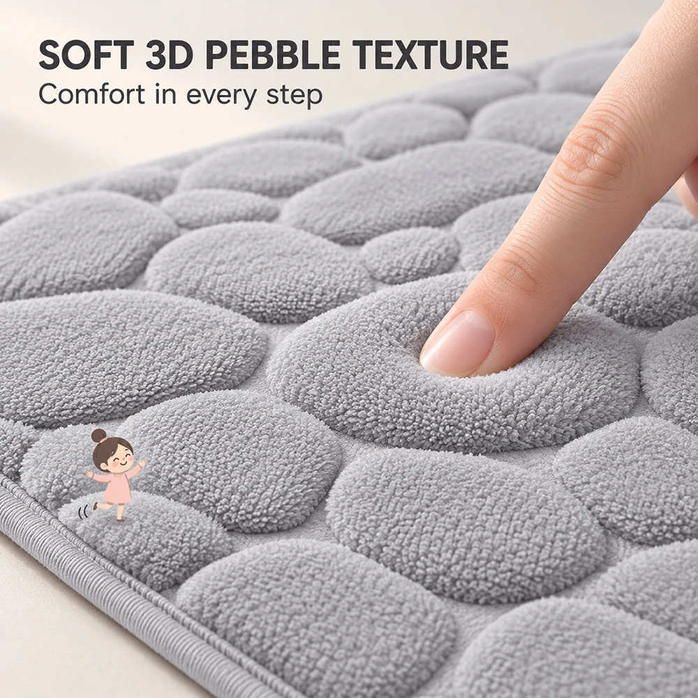 3D Pebble Bath Mat Absorbent Non Slip Bathroom Rug Soft Plush Shower Floor Carpet for Tub Vanity Bedroom Laundry Room Home Decor