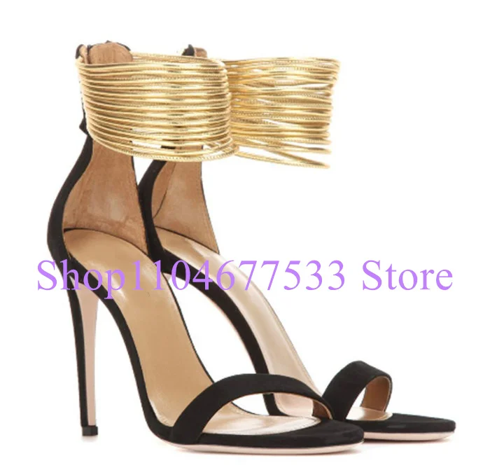 

Gold Color Ankle Strap Lady Sandals Fashion Thin Heel Large Size Woman High Heels Sandals Shoes Female Sexy Dress Party Shoes