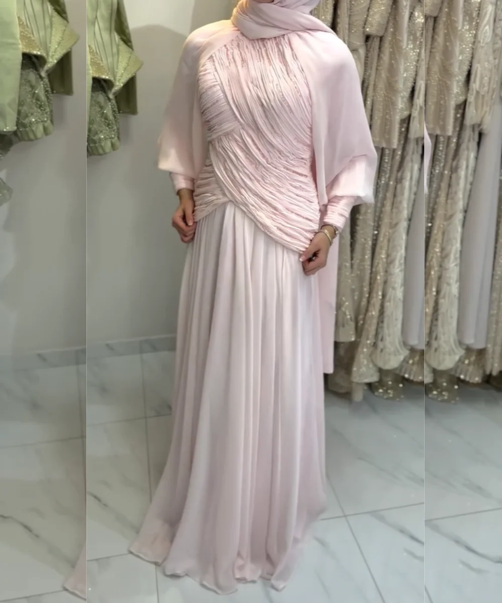 맞춤형 반짝이 시폰 플리츠 스팽글 장식 A라인 O넥 롱 셀러브리티 럭셔리 파티 고급 고품질 파스텔