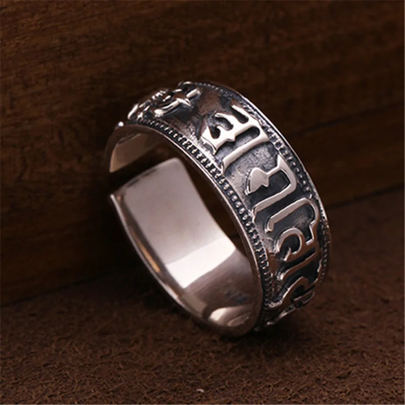 Trendy 925 Sterling Silver Ring For Women Men Jewelry Vintage Sanskrit Buddhist Scriptures Ring Female Male Finger Accessories view 5