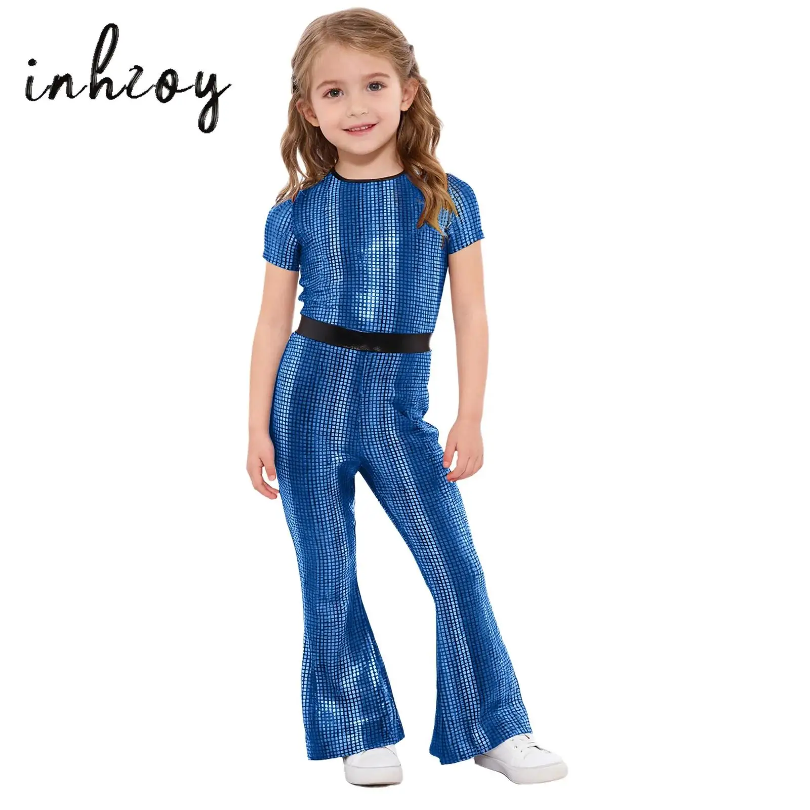 

Kids Girls Hip-hop Jazz Disco Dance Costume Shiny Metallic Plaid Jumpsuit Short Sleeve Back Zipper Full Body Bell-Bottom Leotard