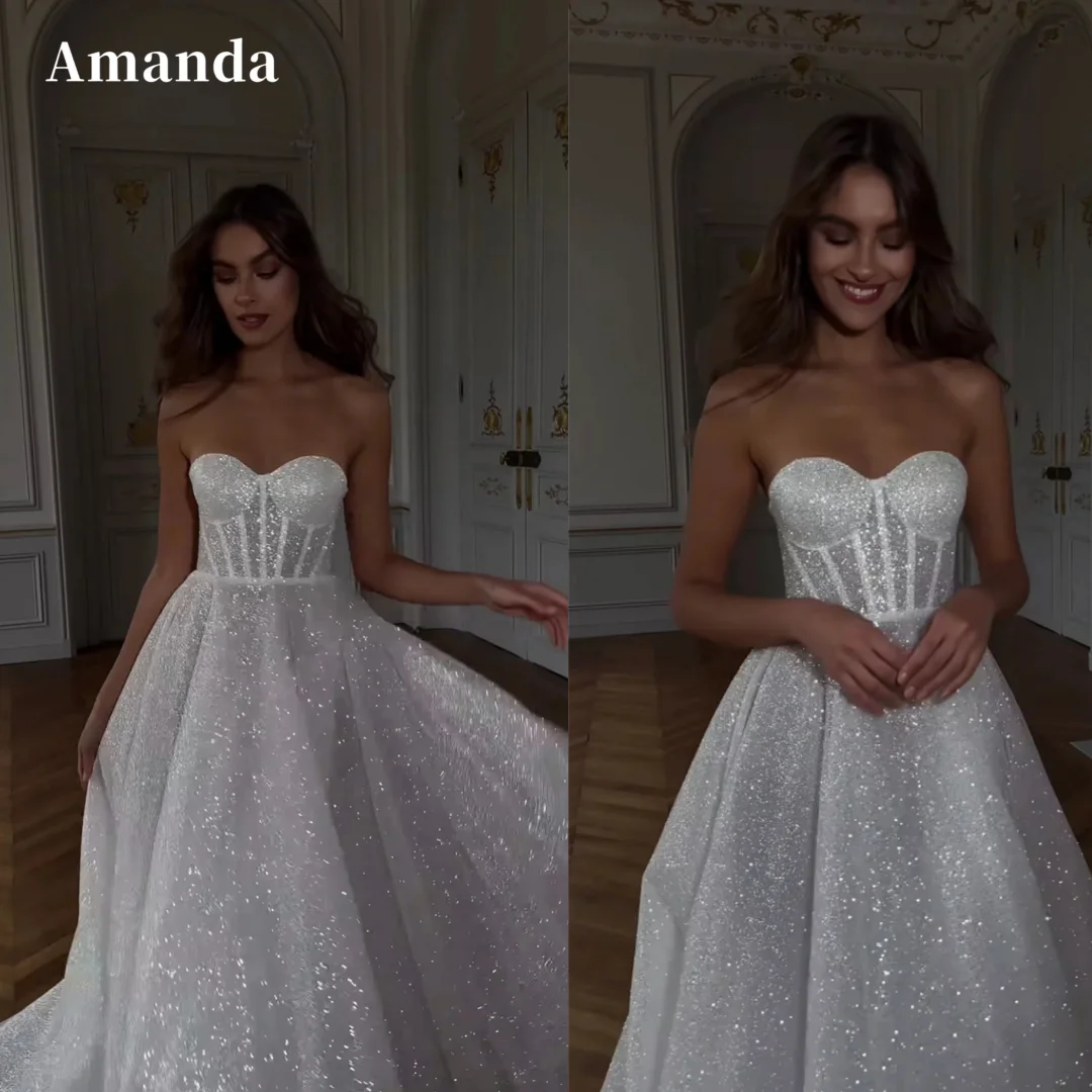 Amanda Shiny Sweetheart Wedding Dress Sparked A-line Vestido De Novia Gorgeous Shining Prom Dress WHite Evening Dresses