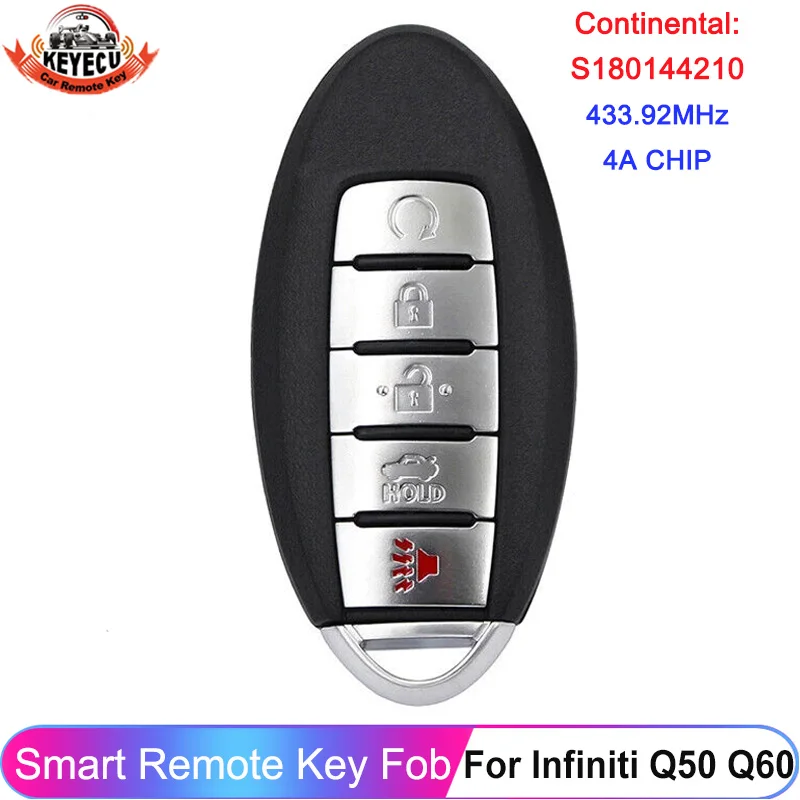 

KEYECU S180144210 For Infiniti Q50 Q60 2016 2017 2018 2019 KR5S180144014 5 Buttons Smart Remote Key Fob 433.92MHz 4A Chip